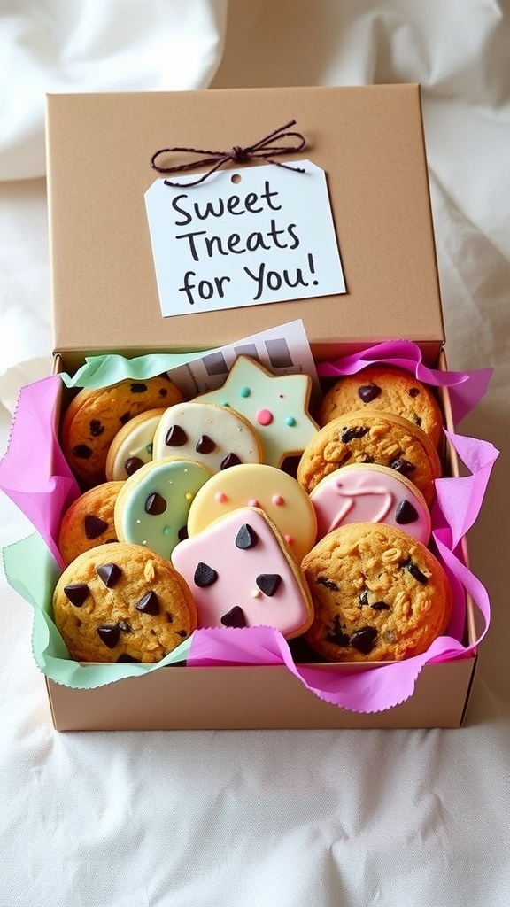 A festive cookie gift box filled with various decorated cookies, with a handwritten tag.